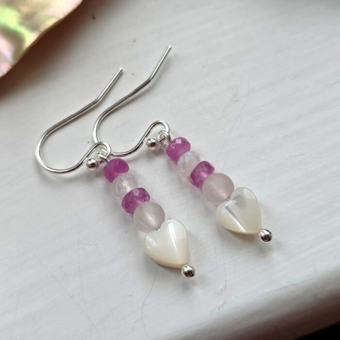 Bargain Hunters Treasure Drop Earrings 11-  Pink Sapphire, mother of pearl and Silver