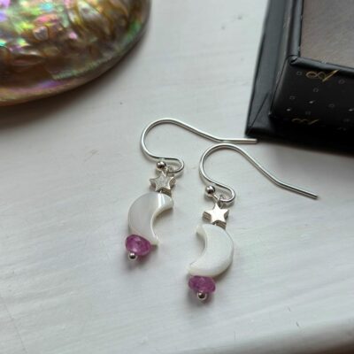 Bargain Hunters Treasure Drop Earrings 4 - Moons, Pink Sapphire and Sterling Silver