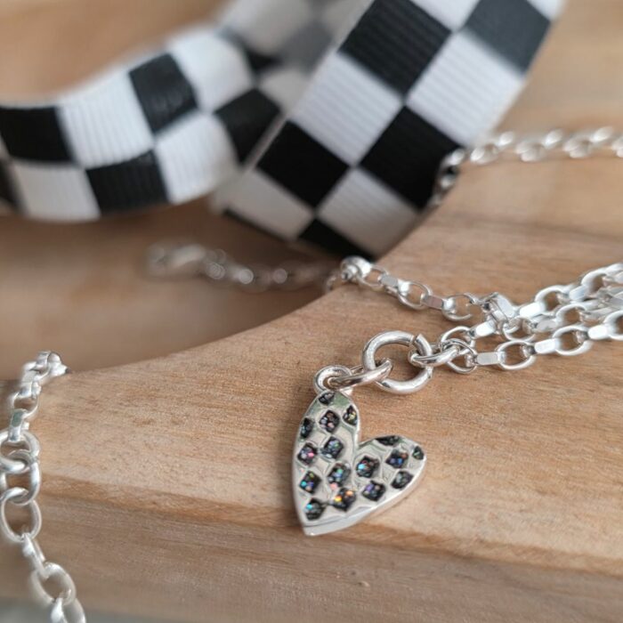 Mini Chequered Enamel Glitter Heart Anklet in Sterling Silver - Image 3