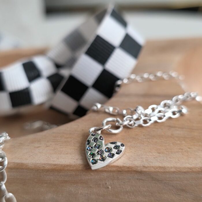 Mini Chequered Enamel Glitter Heart Anklet in Sterling Silver - Image 4
