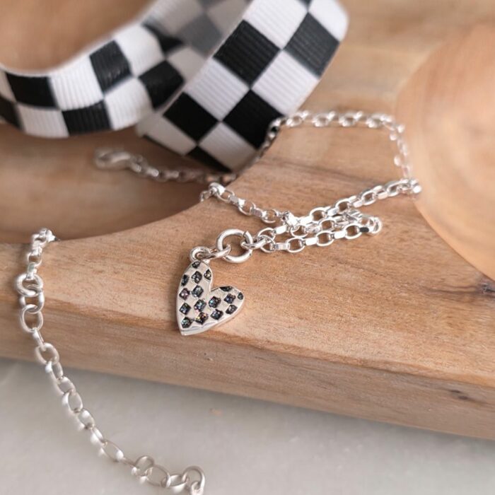 Mini Chequered Enamel Glitter Heart Anklet in Sterling Silver