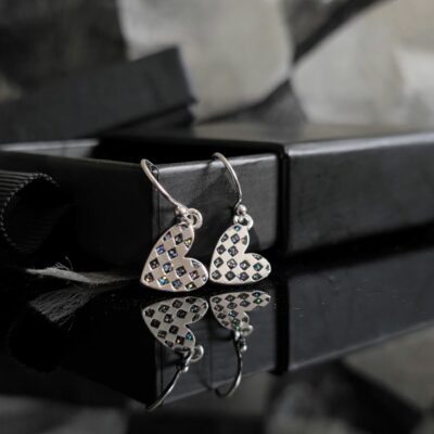 Mini Glitter Enamel Heart Drop Earrings in Sterling Silver
