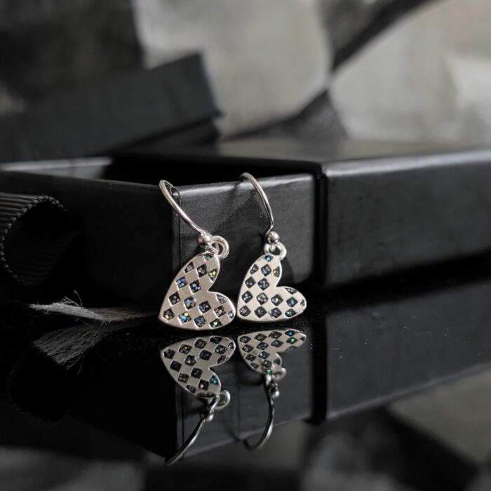 Mini Glitter Enamel Heart Drop Earrings in Sterling Silver