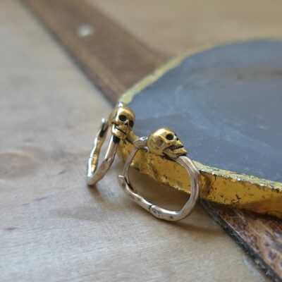 Nevermore Golden Gothic Skull Hoops in Sterling Silver