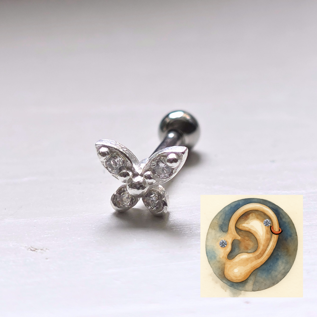 Crystal Butterfly Helix and Tragus Sterling Silver and Surgical Steel