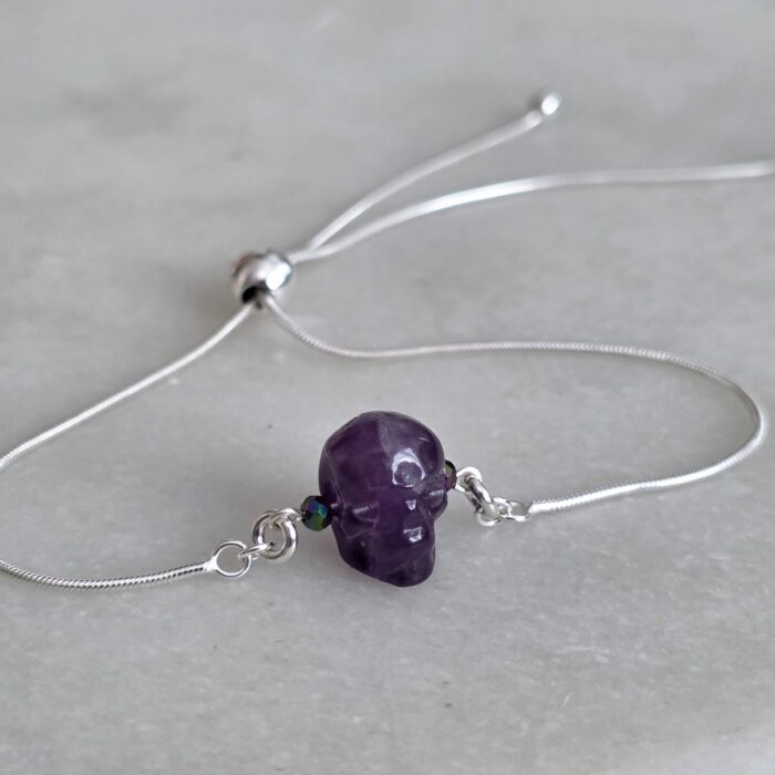 Amethyst Sugar Gemstone Skull Drawstring Bracelet in Sterling Silver - Image 5