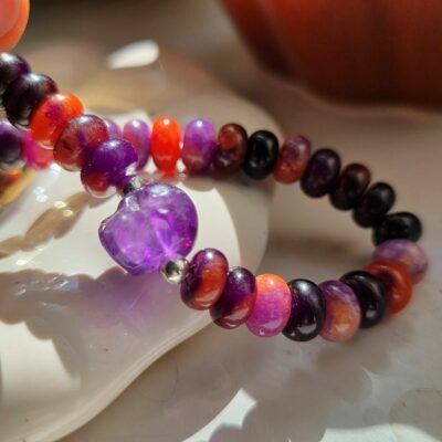 Amethyst Sugar Gemstone Skull Stretchy Bracelet in Sterling Silver