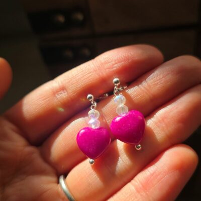 Bargain Hunters Treasure 47 – Pink Jade Hearts with Sparkling Rainbow Crystal Stud Drop Earrings in Sterling Silver
