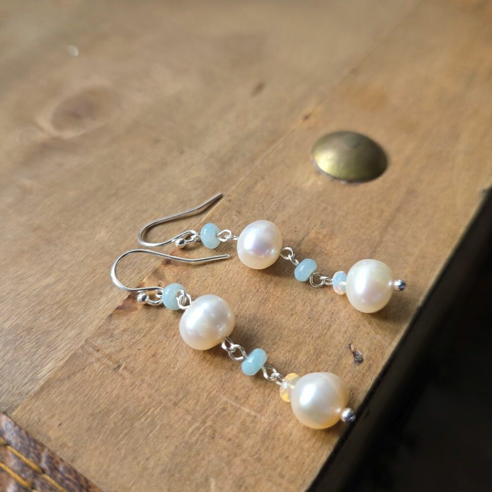 Bargain Hunters Treasure 50 – Fresh Water Pearl and Amazonite Gemstone Drop Earrings