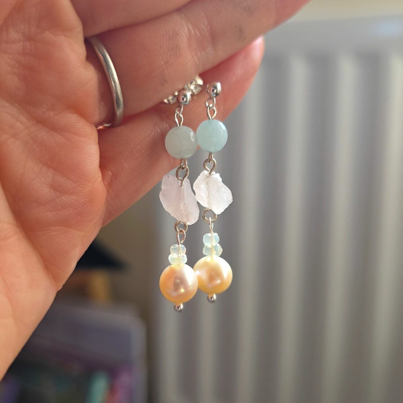 Bargain Hunters Treasure 51 – Fresh Water Pearl, Amazonite and Opal Gemstone Stud Drop Earrings - Image 2
