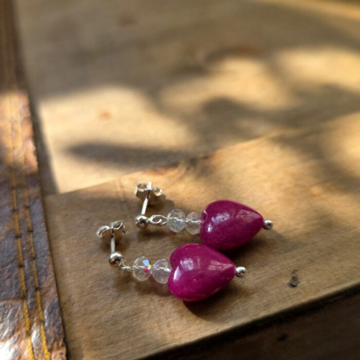 Bargain Hunters Treasure 47 – Pink Jade Hearts with Sparkling Rainbow Crystal Stud Drop Earrings in Sterling Silver - Image 2