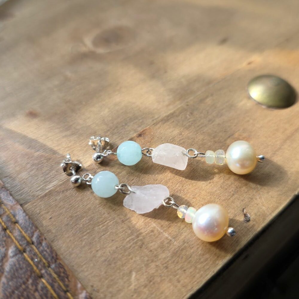 Bargain Hunters Treasure 51 – Fresh Water Pearl, Amazonite and Opal Gemstone Stud Drop Earrings