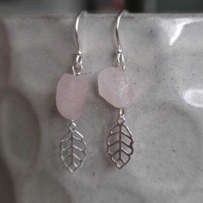 Bargain Hunters Treasure 39 - Rose Quartz Nuggets and Sterling Silver Leaf Drop Earrings