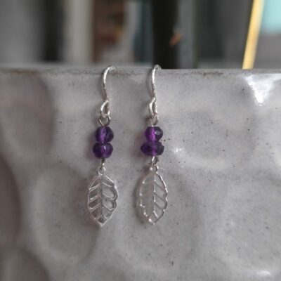 Bargain Hunters Treasure 38 - Amethyst and Sterling Silver Leaf Drop Earrings