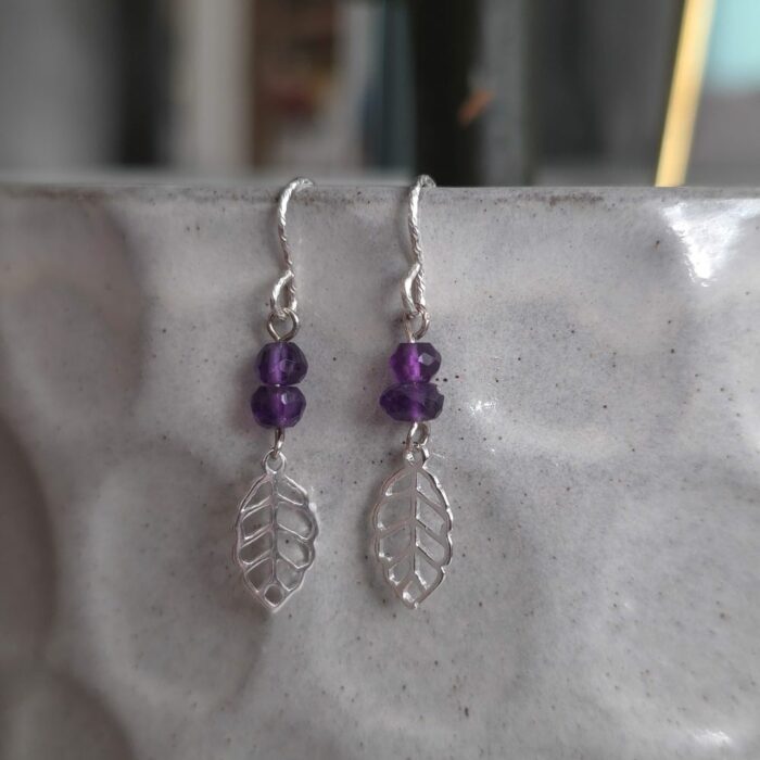 Bargain Hunters Treasure 38 - Amethyst and Sterling Silver Leaf Drop Earrings
