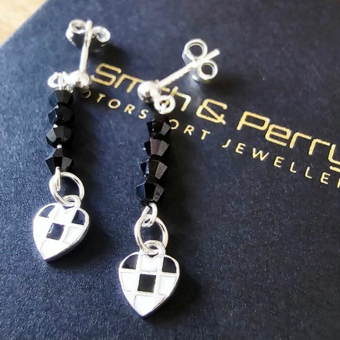 Chequered Heart Black Spinel Drop Earrings in Sterling Silver