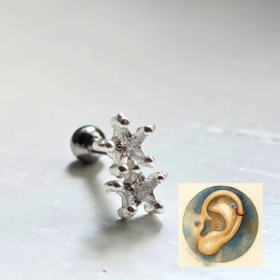 Double Sparkling Star Duo Helix and Tragus Stud in Sterling Silver