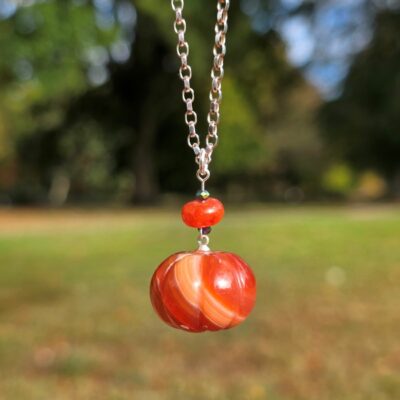 Down at the Pumpkin Patch Large Carnelian Pumpkin Necklace in Sterling Silver - Long 22 Inch Chain