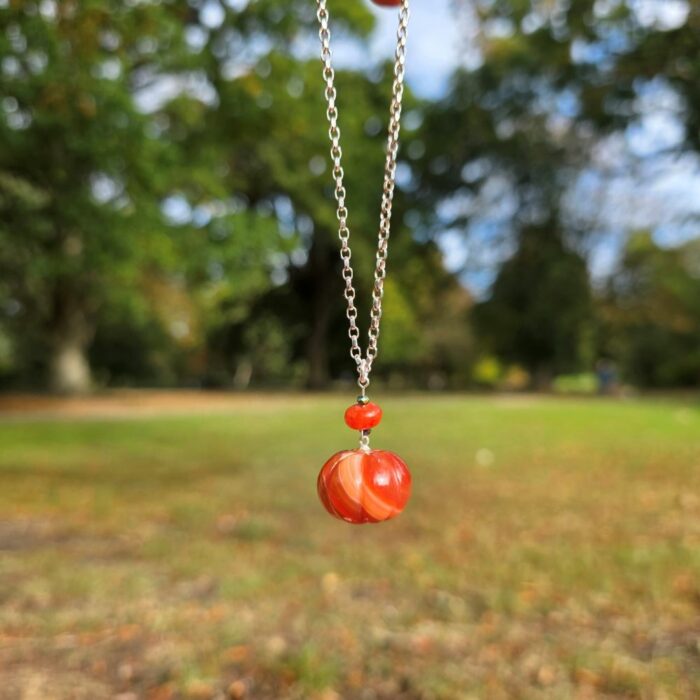 Down at the Pumpkin Patch Large Carnelian Pumpkin Necklace in Sterling Silver - Long 22 Inch Chain - Image 2