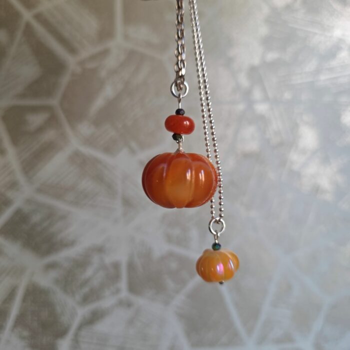 Down at the Pumpkin Patch Large Carnelian Pumpkin Necklace in Sterling Silver - Long 22 Inch Chain - Image 3