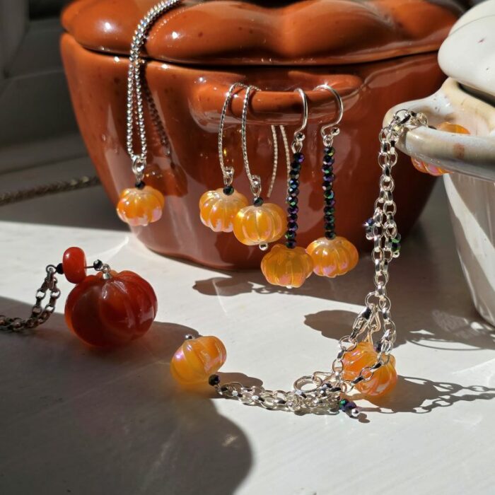 Down at the Pumpkin Patch Large Carnelian Pumpkin Necklace in Sterling Silver - Long 22 Inch Chain - Image 2