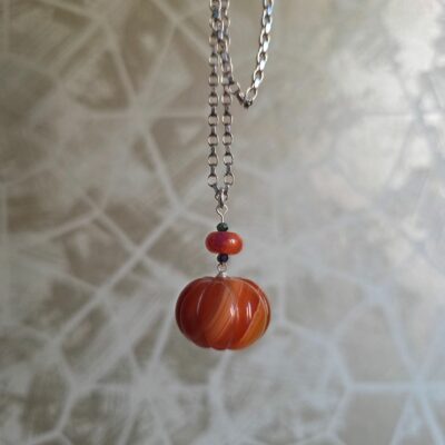 Down at the Pumpkin Patch Large Carnelian Pumpkin Necklace in Sterling Silver - Long 22 Inch Chain