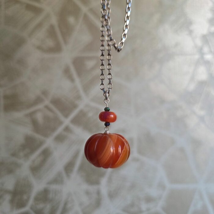 Down at the Pumpkin Patch Large Carnelian Pumpkin Necklace in Sterling Silver - Long 22 Inch Chain