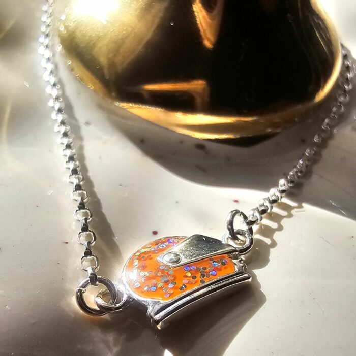 Holographic Glitter Orange Racing Helmet Necklace in Sterling Silver - Image 3