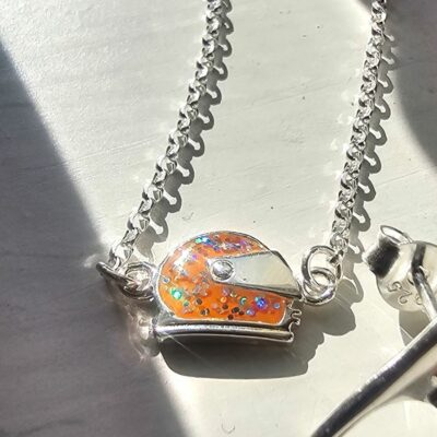 Holographic Glitter Orange Racing Helmet Necklace in Sterling Silver