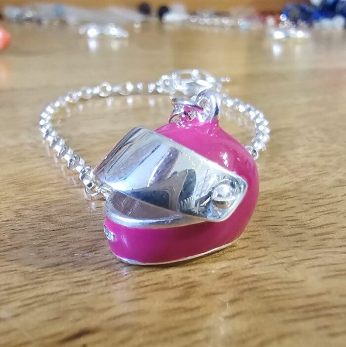 Hot Pink Enamel Moving Helmet Bracelet in Sterling Silver