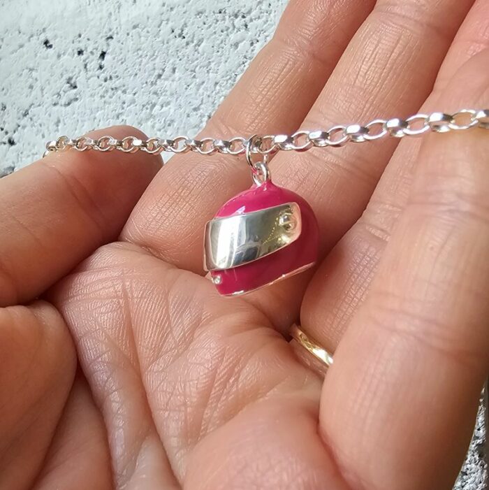 Hot Pink Enamel Moving Helmet Bracelet in Sterling Silver - Image 2