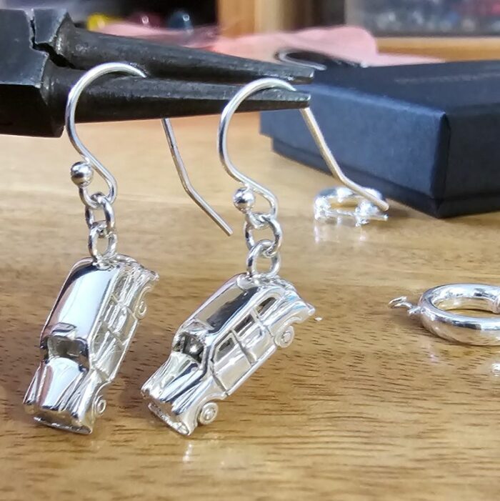 London Taxi Drop Earrings with Spinning Wheels and Opening Doors in Sterling Silver - Image 2
