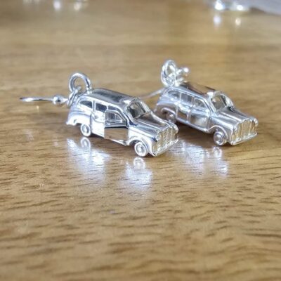 London Taxi Drop Earrings with Spinning Wheels and Opening Doors in Sterling Silver