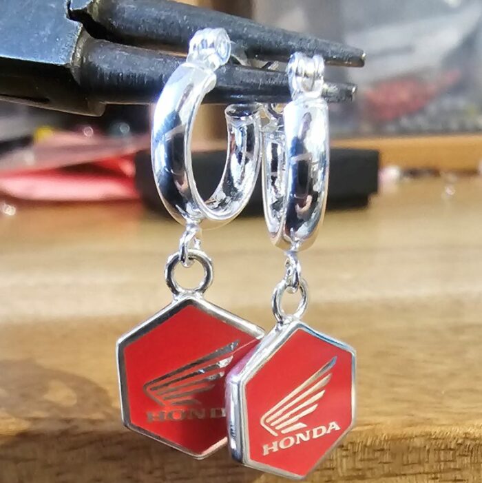 Official Honda Red Enamel Tag Huggie Hoops in Sterling Silver - Image 4