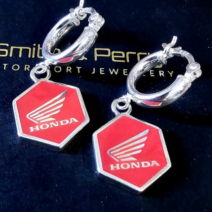 Official Honda Red Enamel Tag Huggie Hoops in Sterling Silver