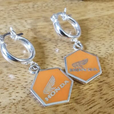 Official Honda Vintage Enamel Tag Huggie Hoops in Sterling Silver
