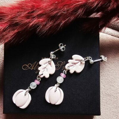 Pink Pumpkin Polymer Clay Drop Earrings in Sterling Silver