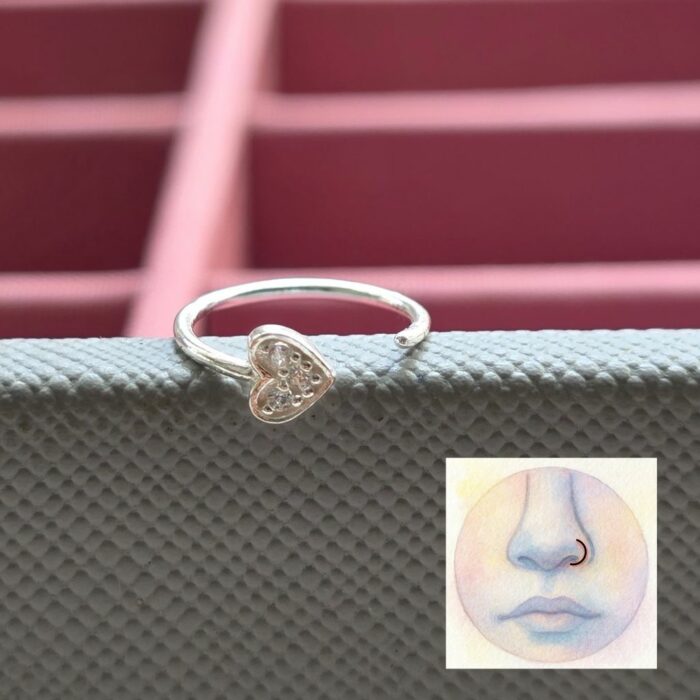 'Princess' Sparkling Heart Nose Ring in Sterling Silver