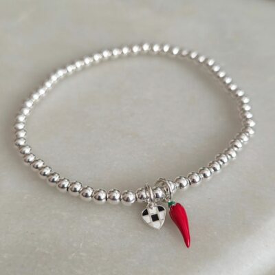 Sainz Chilli Pepper Themed Beaded Stretchy Bracelet in Sterling Silver