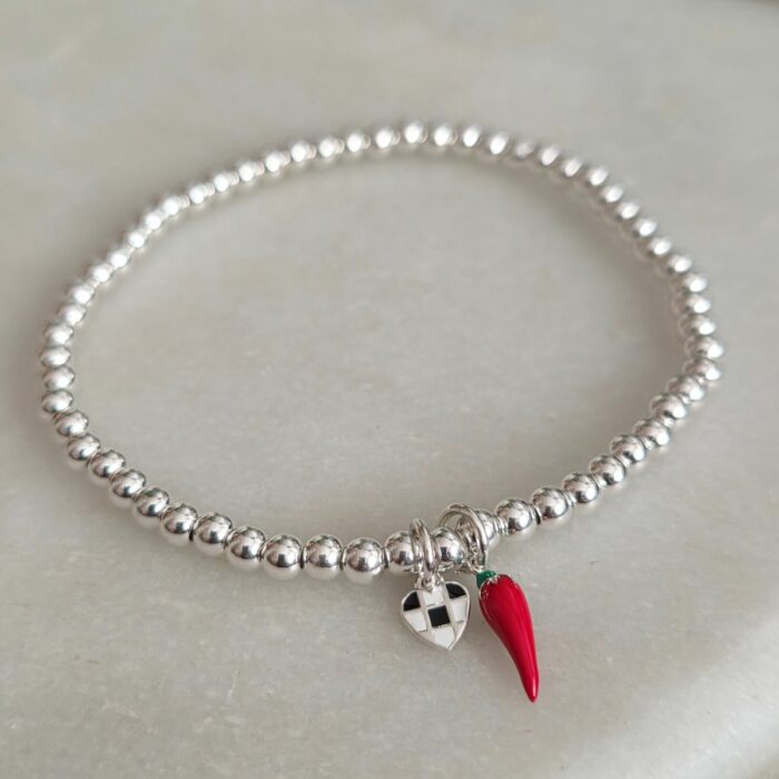 Sainz Chilli Pepper Themed Beaded Stretchy Bracelet in Sterling Silver