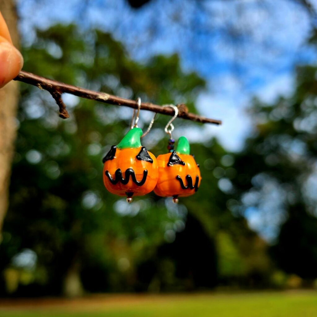 Scary Little Pumpkin Blown Glass Drop Earrings in Sterling Silver