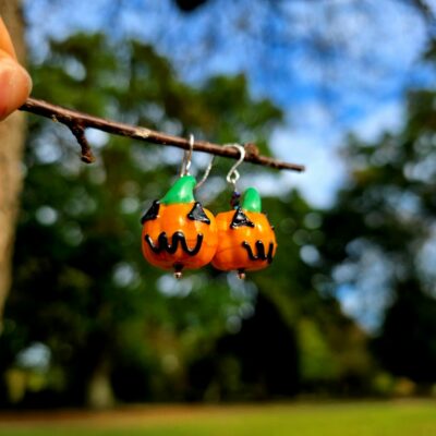 Scary Little Pumpkin Blown Glass Drop Earrings in Sterling Silver