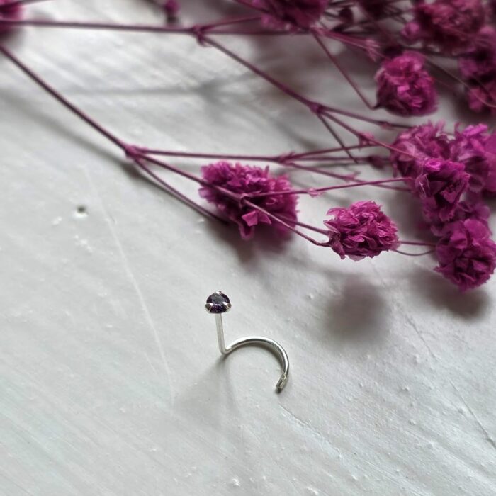 Tiny 2mm Purple Cubic Zircona Twist Nose Stud in Sterling Silver - Image 2