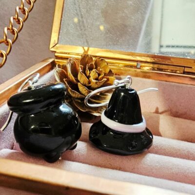Witch's Hat and Cauldron Drop Earrings in Sterling Silver