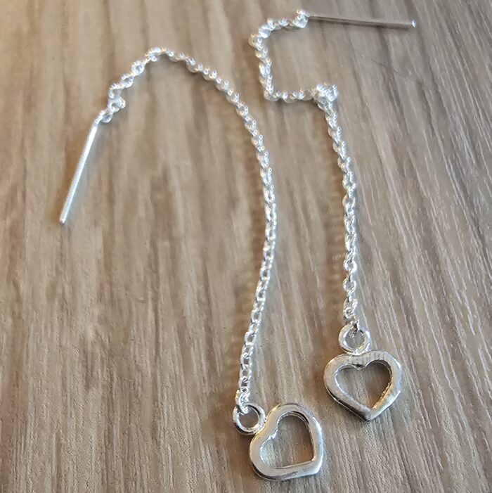 Open Heart Thread Through Drop Earrings in Sterling Silver - Image 5