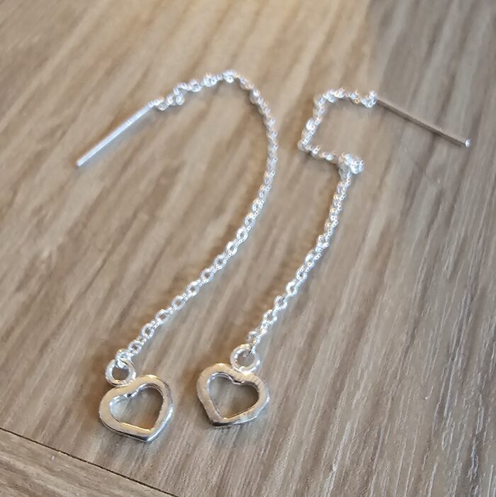 Open Heart Thread Through Drop Earrings in Sterling Silver - Image 4