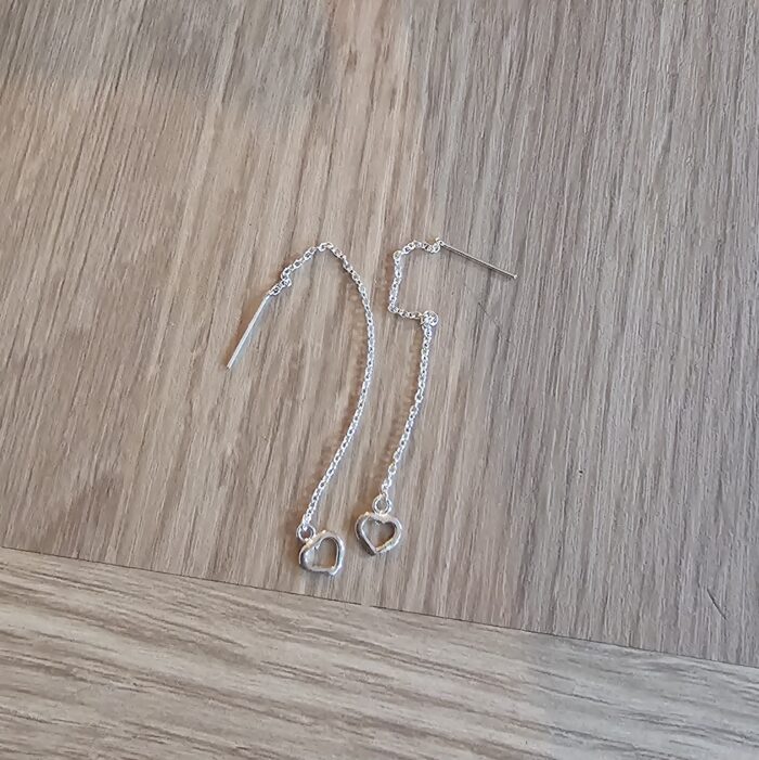 Open Heart Thread Through Drop Earrings in Sterling Silver - Image 3