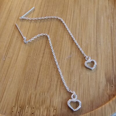 Open Heart Thread Through Drop Earrings in Sterling Silver
