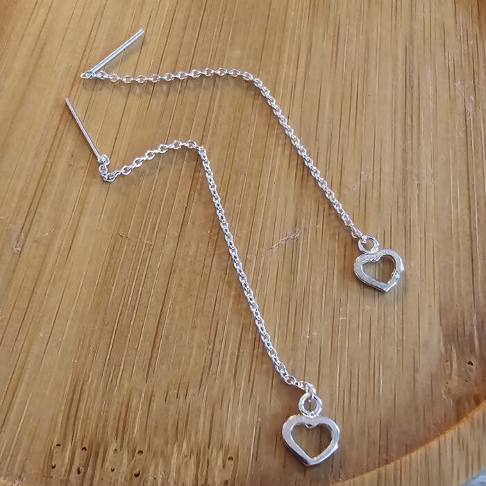 Open Heart Thread Through Drop Earrings in Sterling Silver