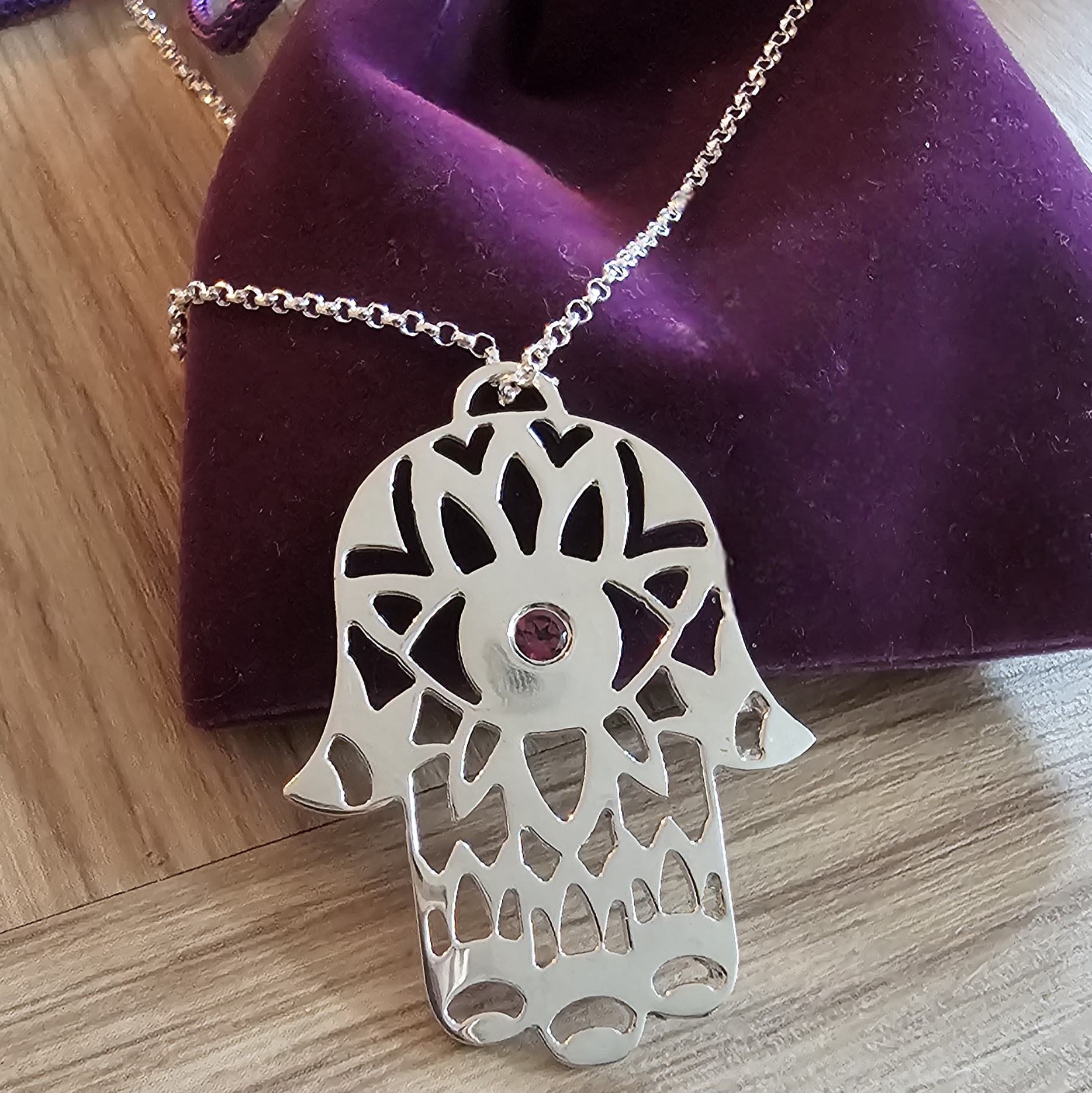 Statement Hamsa Pink Tourmaline Necklace in Sterling Silver